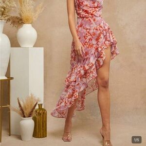 SHEIN Pink and Red Floral Asymmetrical Ruffle Dress